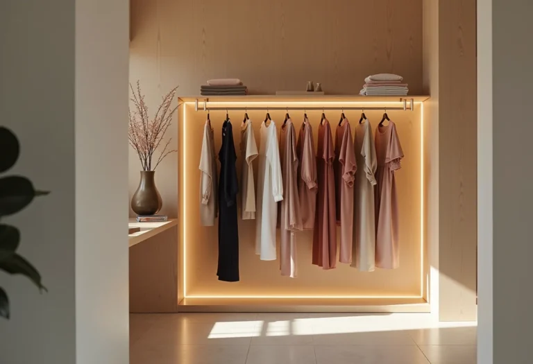 Roupas de marca feminina elegante e atemporal em boutique minimalista