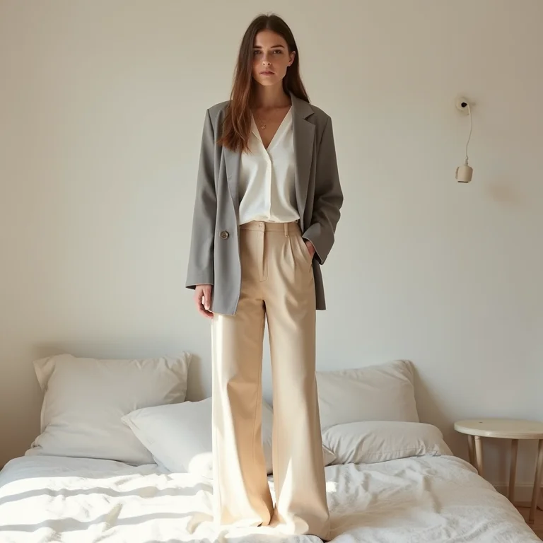 Roupas femininas em tons neutros com calças bege, blusa branca e jaqueta cinza em um quarto minimalista.