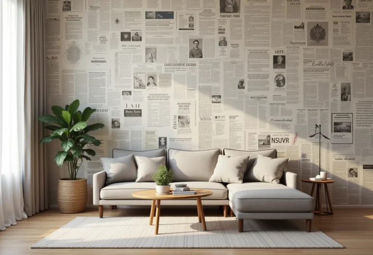 Sala de estar moderna com parede revestida de papel de parede de jornal