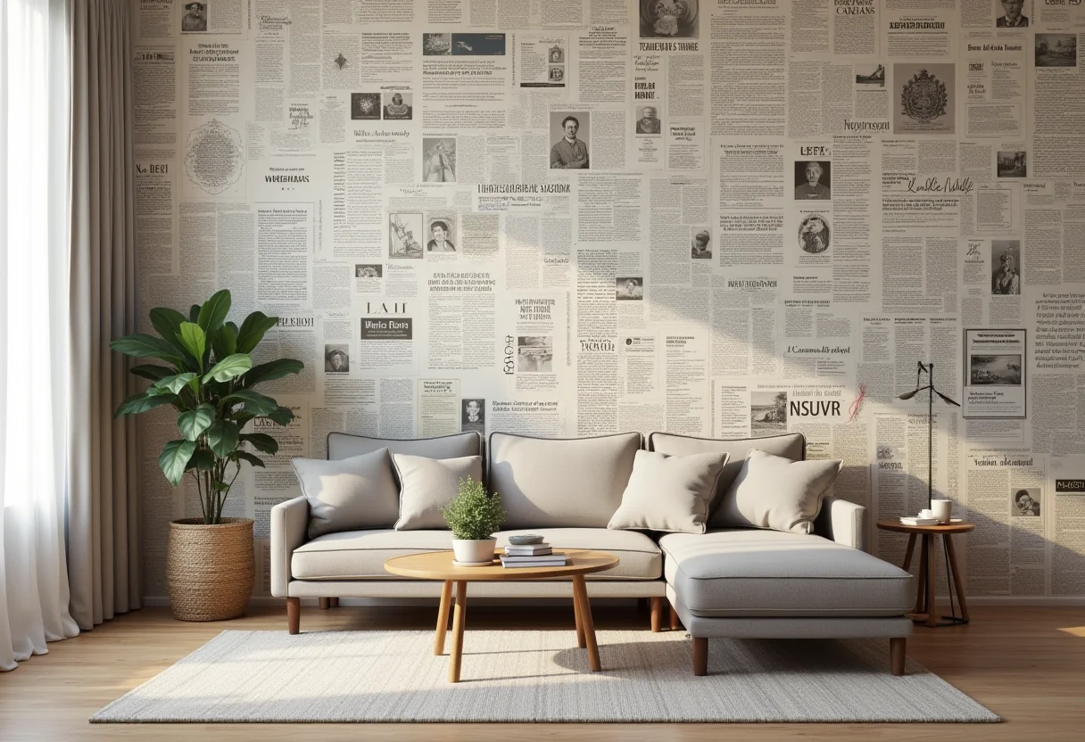 Sala de estar moderna com parede revestida de papel de parede de jornal