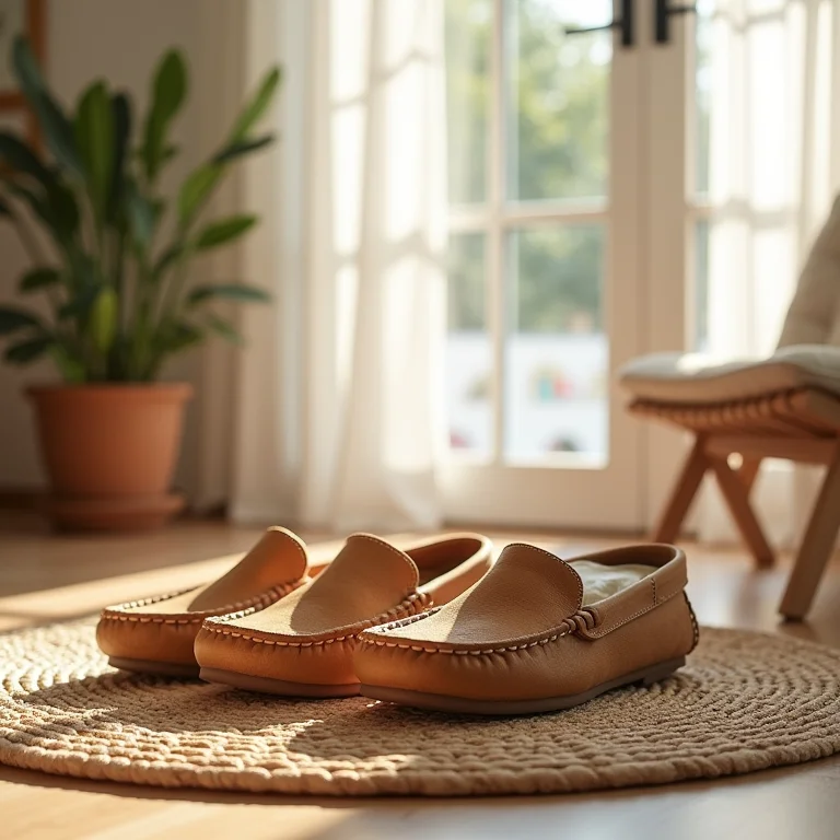 Sapatilhas e mocassins minimalistas em tapete de tear, sala de estar clara e minimalista.