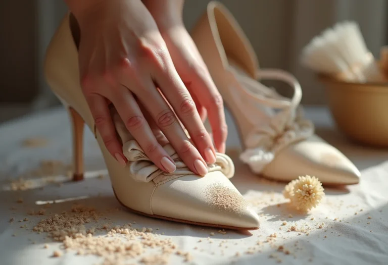 Sapatos de cetim delicados sendo limpos após a festa