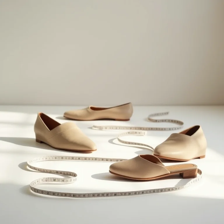 Sapatos minimalistas organizados como 'Passo a Passo Detalhado', mesa branca com fita métrica.