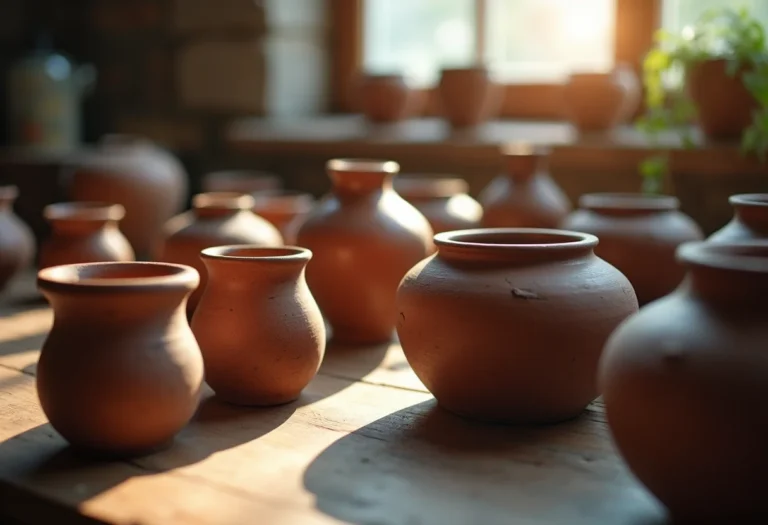 Seleção de vasos de cerâmica artesanais para plantas, diferentes tamanhos e texturas.
