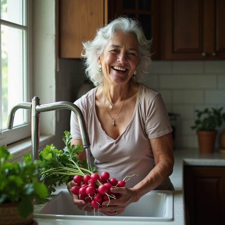 Senhora branca lavando rabanetes frescos na pia da cozinha.