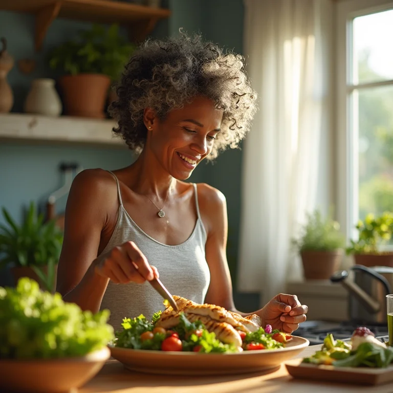 Senhora preparando salada nutritiva com frango