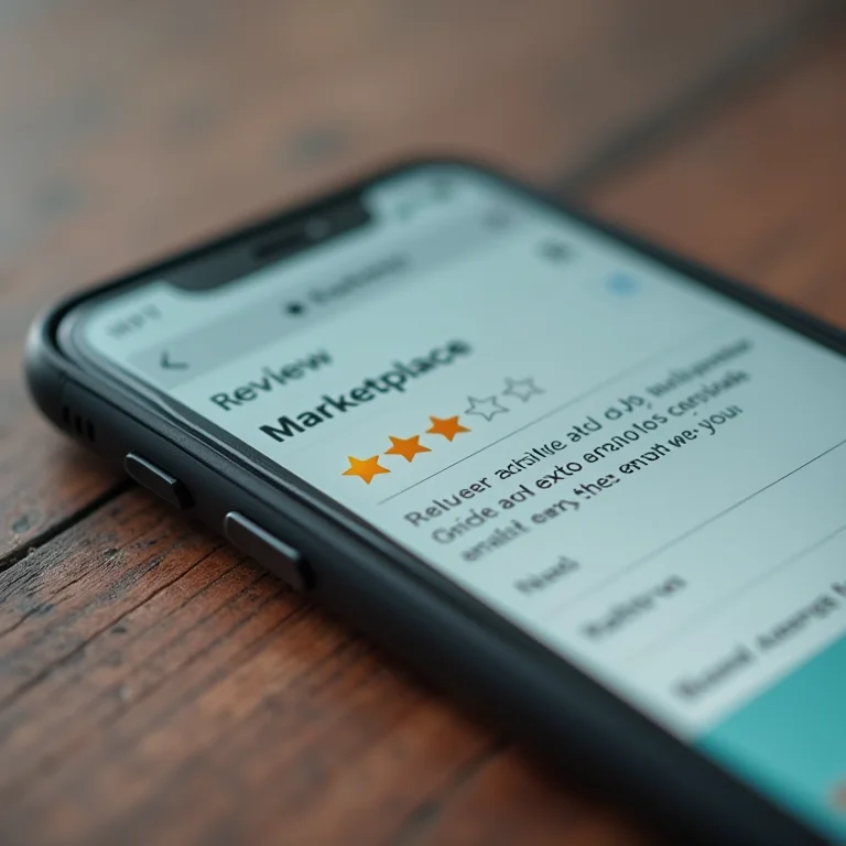 Smartphone exibindo avaliações positivas em um marketplace