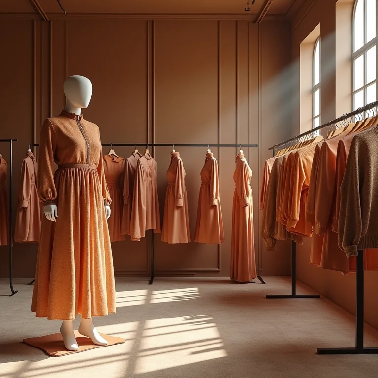Tendências de roupas femininas outono inverno 2026 em boutique de luxo com iluminação cinematográfica e texturas ricas.