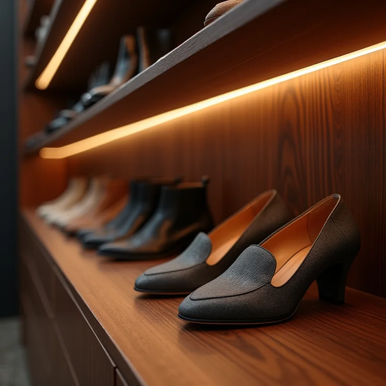 Tendências de sapatos outono inverno 2026 em closet moderno com iluminação cinematográfica e detalhes em madeira.