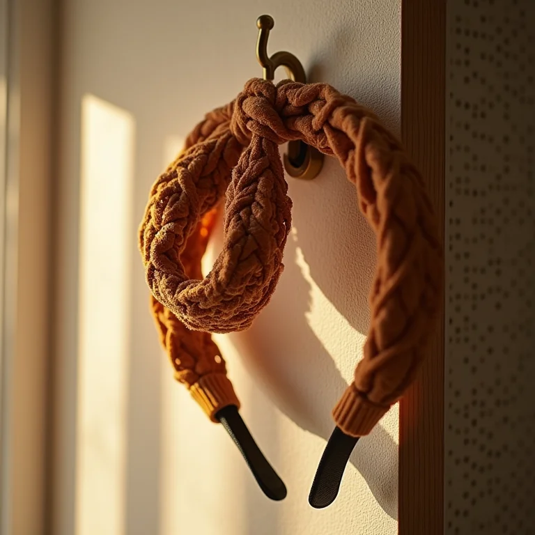 Tiara com arame estampada pendurada em um gancho de latão em uma parede estampada sob a luz suave da manhã.