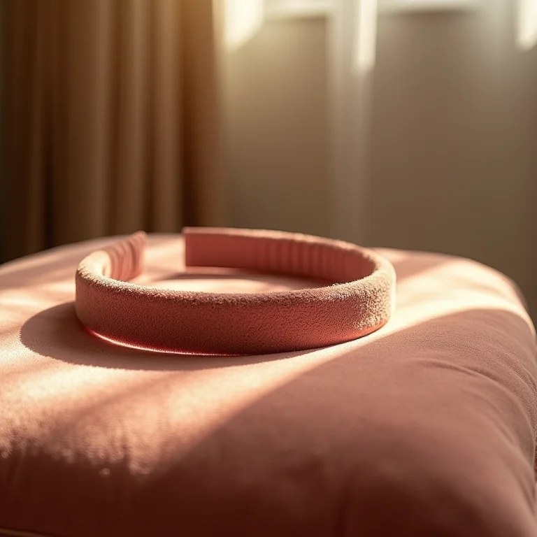 Tiara com velcro estampada sobre uma almofada de veludo macia sob a luz suave da manhã.