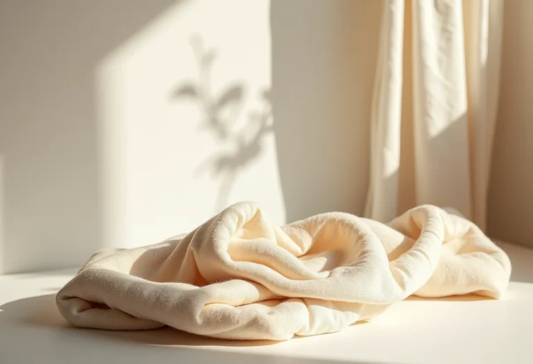 Tiara elástica estampada exibida sobre uma mesa branca minimalista sob luz suave da manhã.