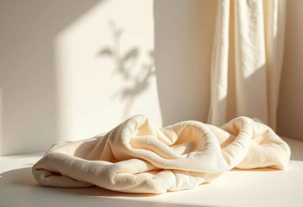 Tiara elástica estampada exibida sobre uma mesa branca minimalista sob luz suave da manhã.