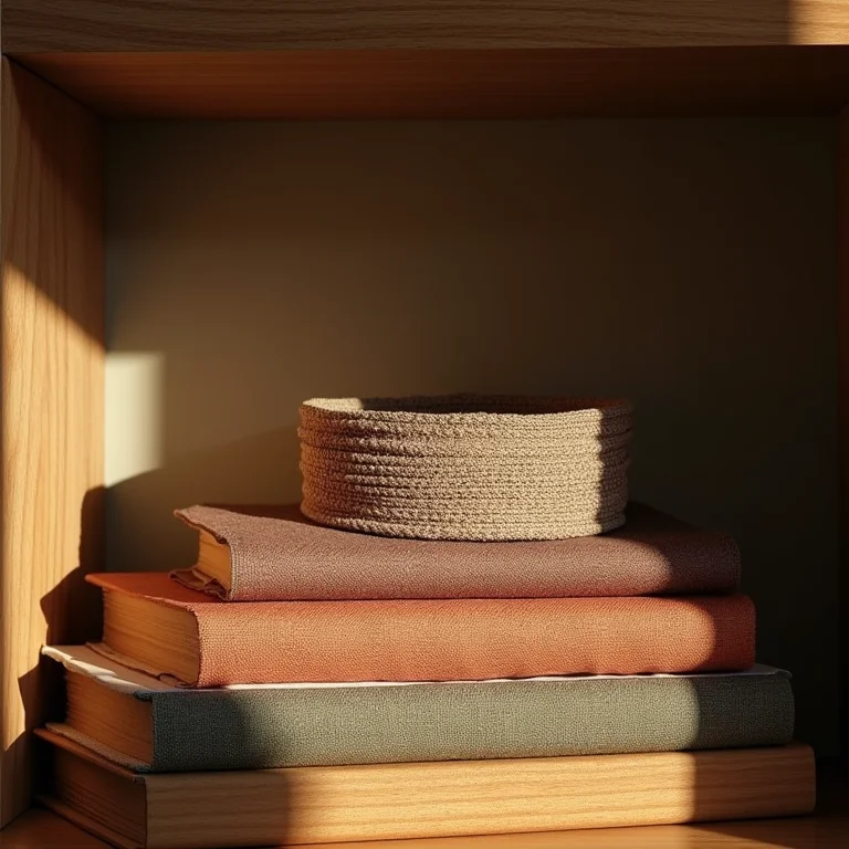 Tiara larga estampada organizada entre livros em uma prateleira sob a luz suave da manhã.