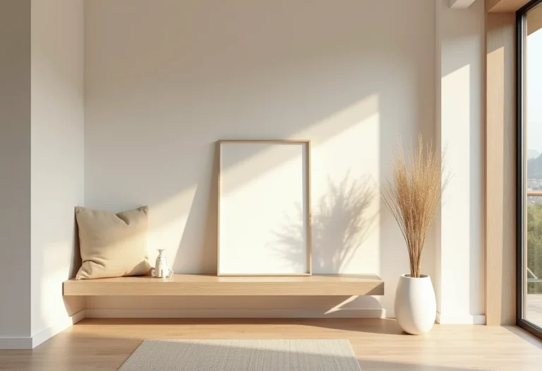 Tênis minimalistas em banco de madeira clara, entrada minimalista ensolarada.