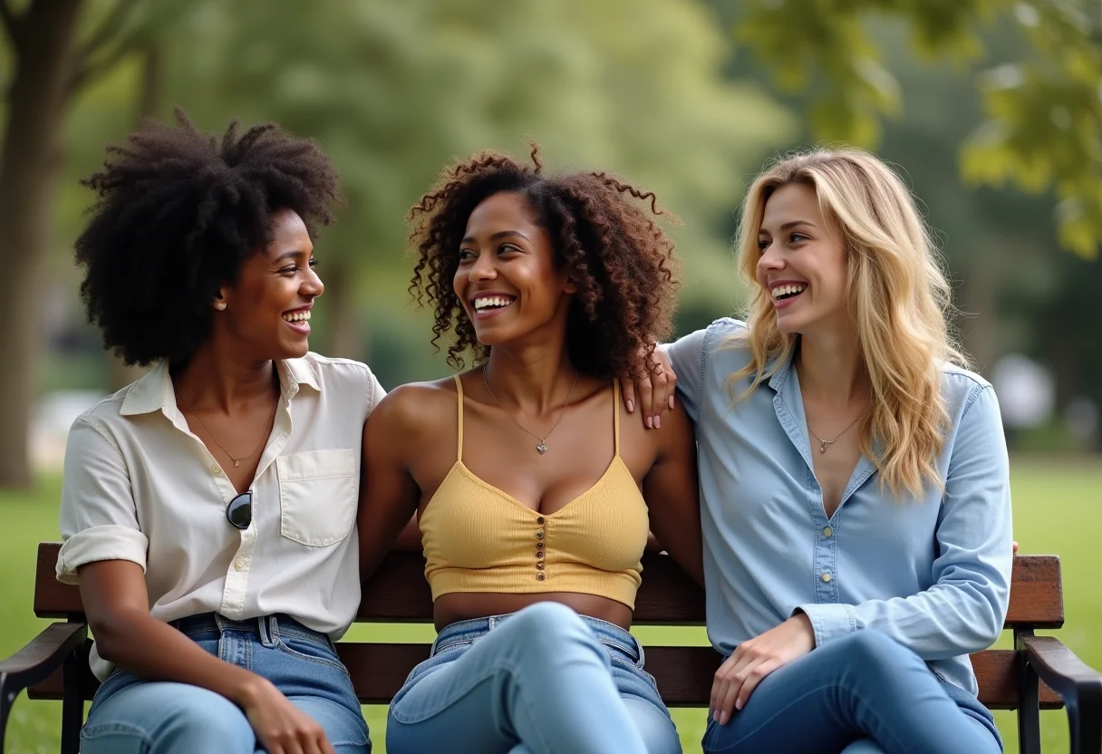 Três amigas brasileiras rindo juntas em um parque.