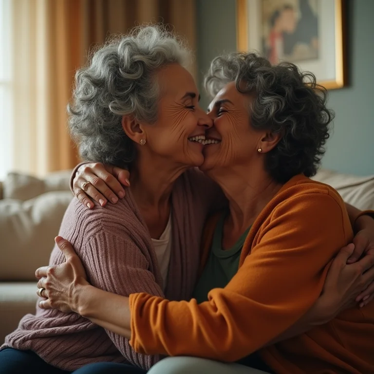 Uma senhora negra de cabelos grisalhos abraçando sua amiga.