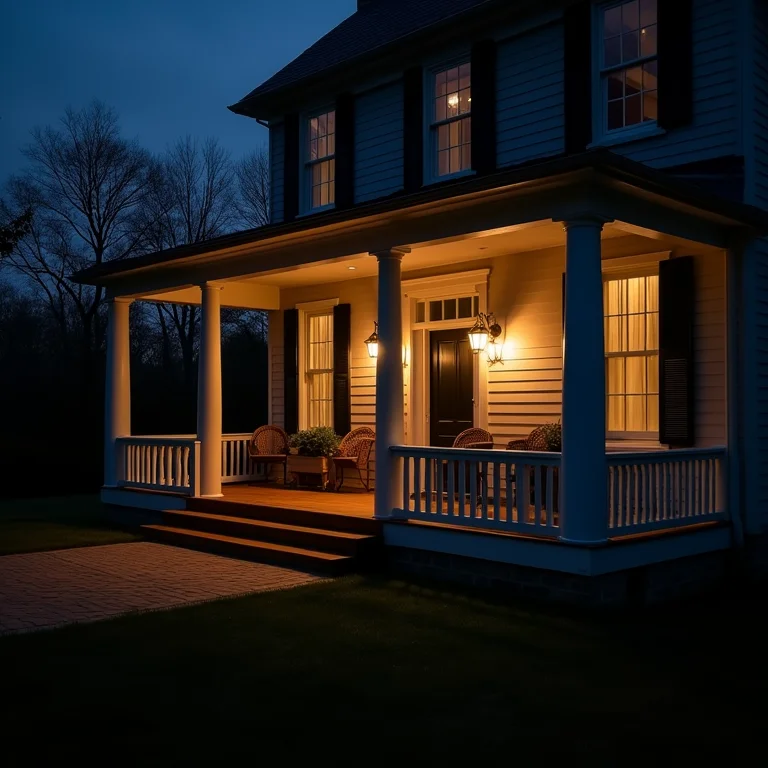 Varanda com iluminação fraca e mal planejada, criando uma atmosfera pouco convidativa.