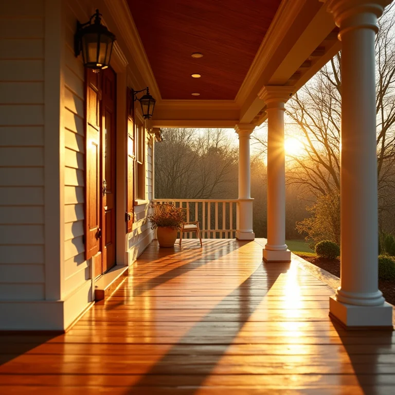 Varanda com verniz brilhante excessivo, refletindo a luz do sol de forma exagerada.