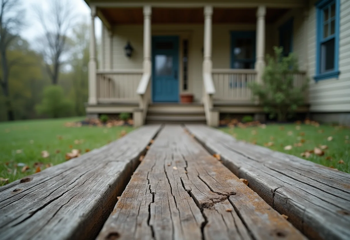 Varanda de casa de campo com madeira inadequada, mostrando sinais de deterioração e rachaduras.