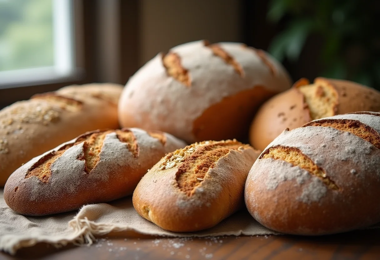 Variedade de pães caseiros saudáveis em mesa de madeira rústica