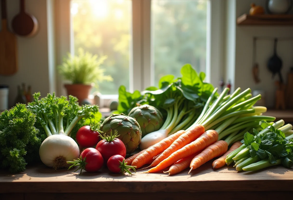 Variedade de verduras francesas frescas sobre mesa rústica.