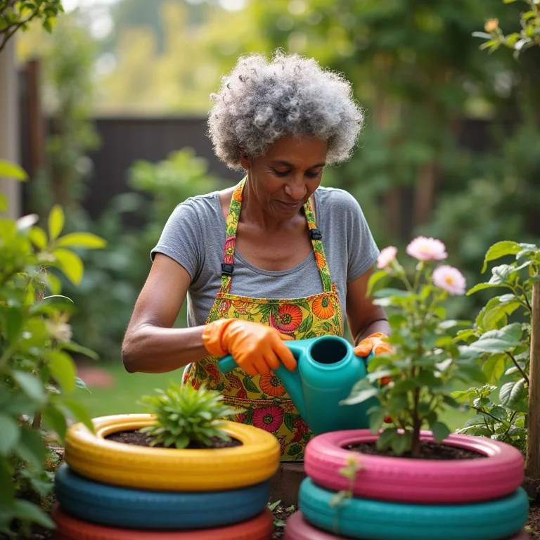 Vasos e cachepots feitos com pneus reciclados.