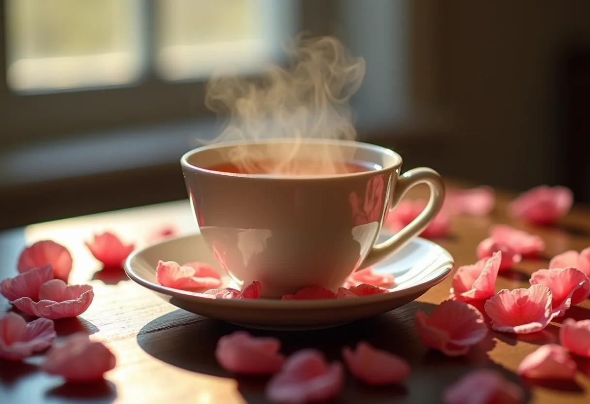 Xícara de chá de rosas fumegante com pétalas ao redor.