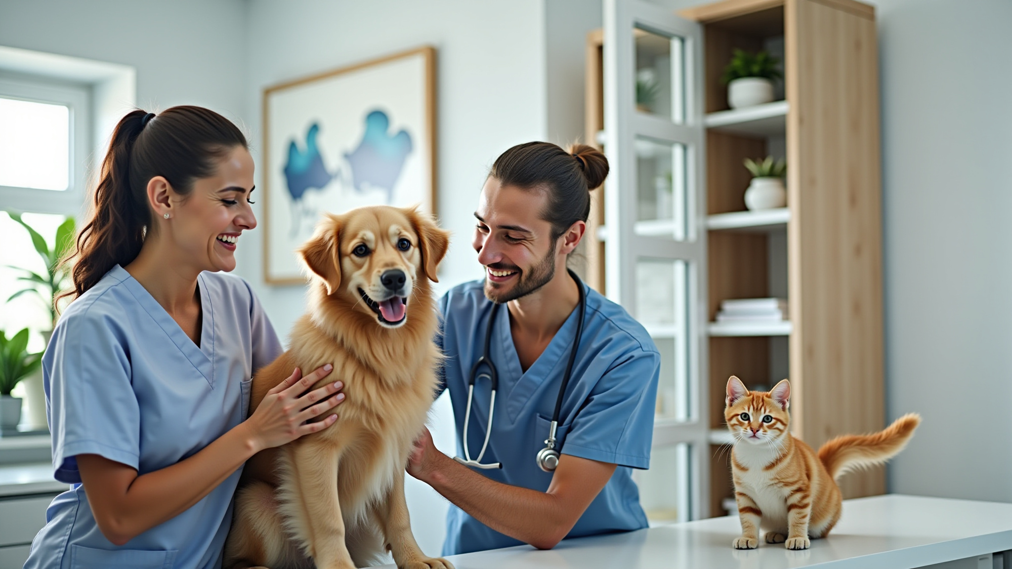 Veterinário examinando cão e gato em clínica Petlove.